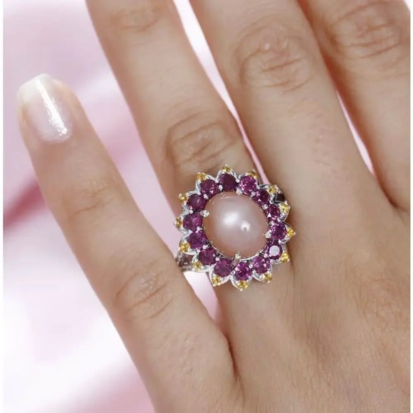 NEW Peach moonstone rhodolite garnet ring in sterling silver size 7 - Picture 9 of 16